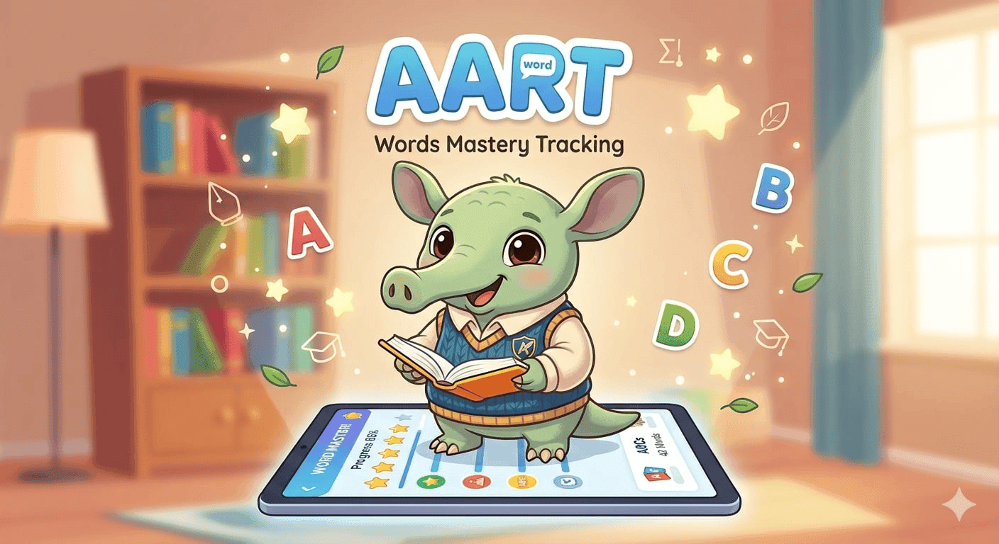 Aart the aardvark reading on a tablet, surrounded by letters and stars, representing playful word mastery practice